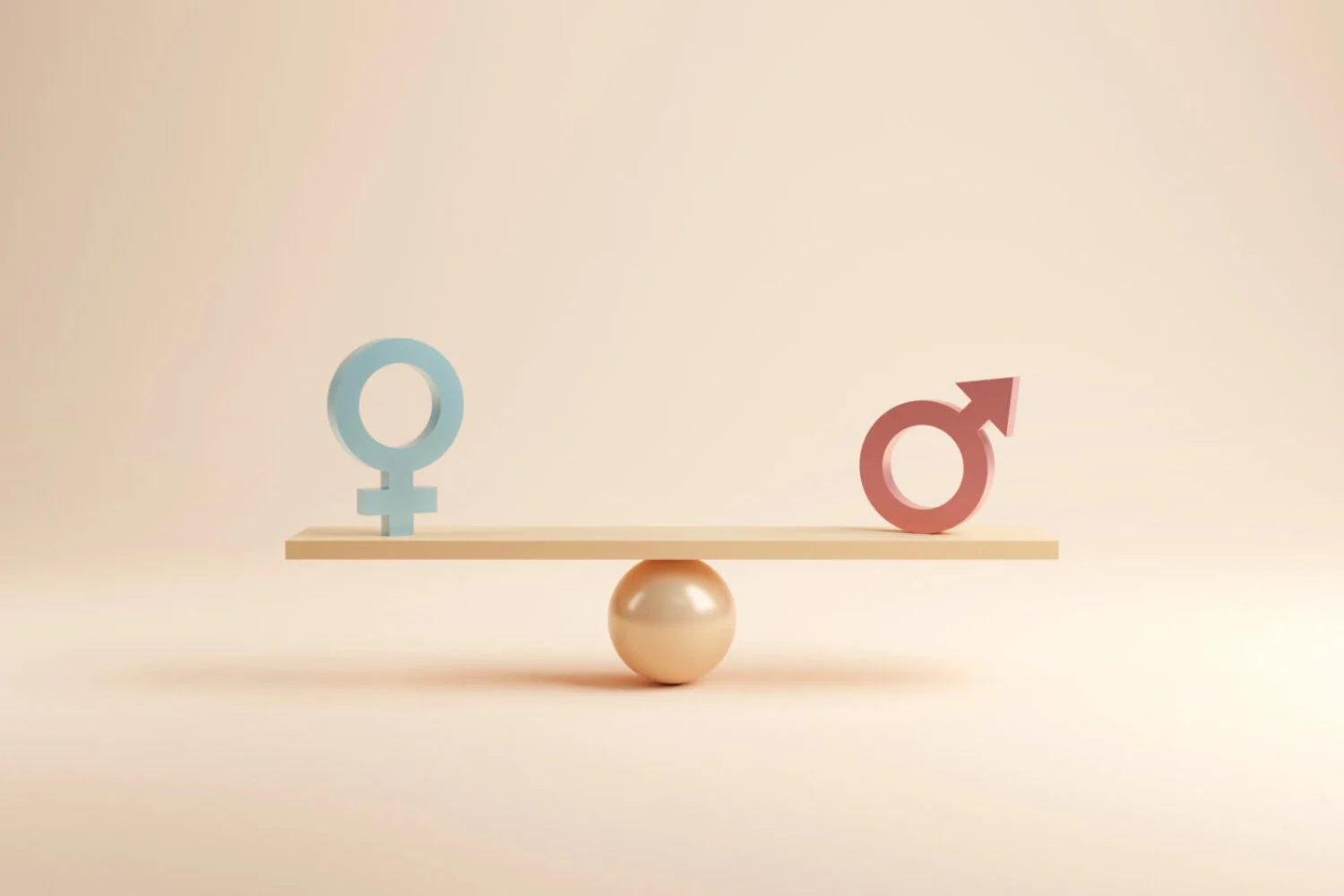Gender equality concept. Male and female symbol on the scales with balance on blue background. minimal style, 3d render.