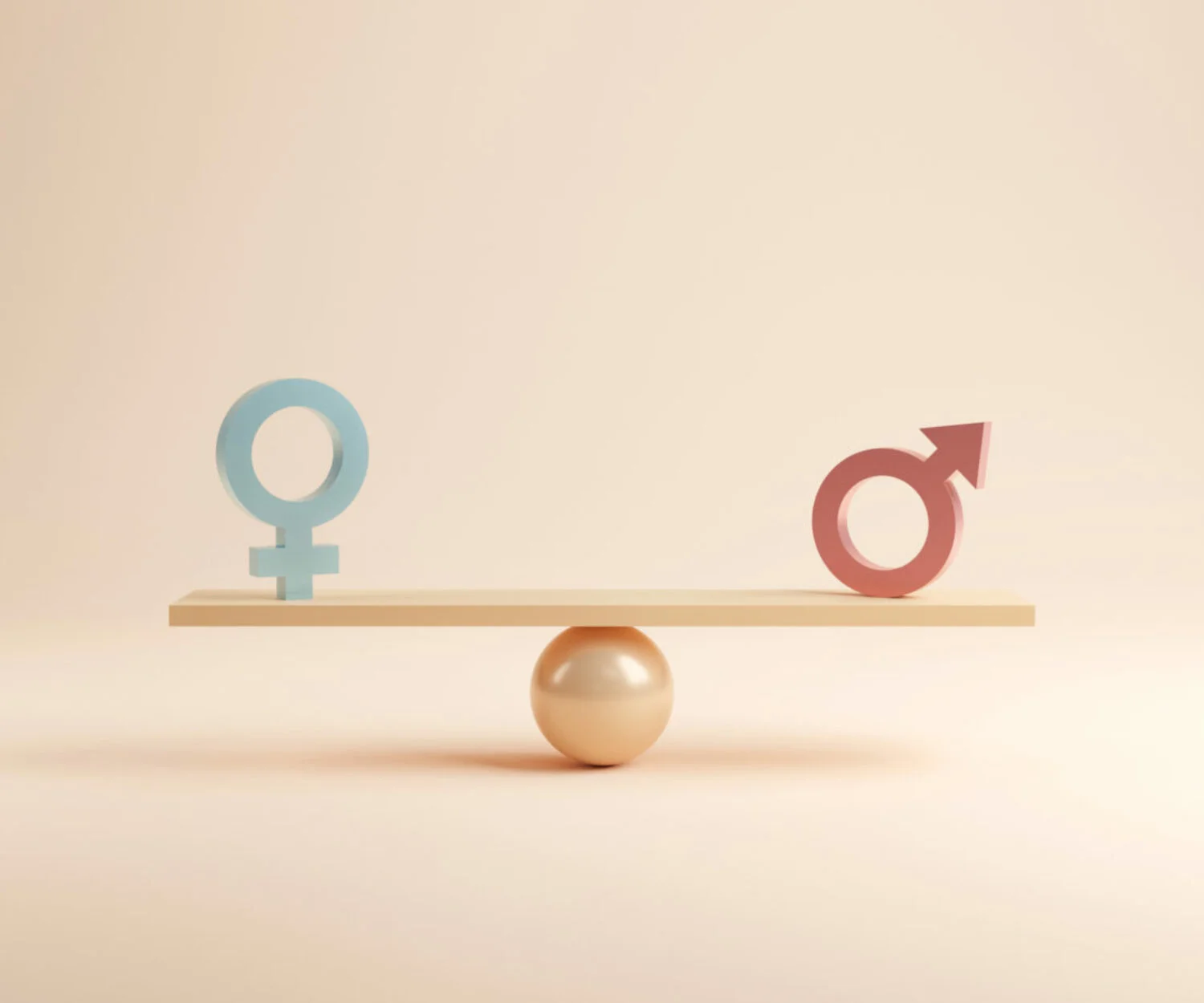 Gender equality concept. Male and female symbol on the scales with balance on blue background. minimal style, 3d render.