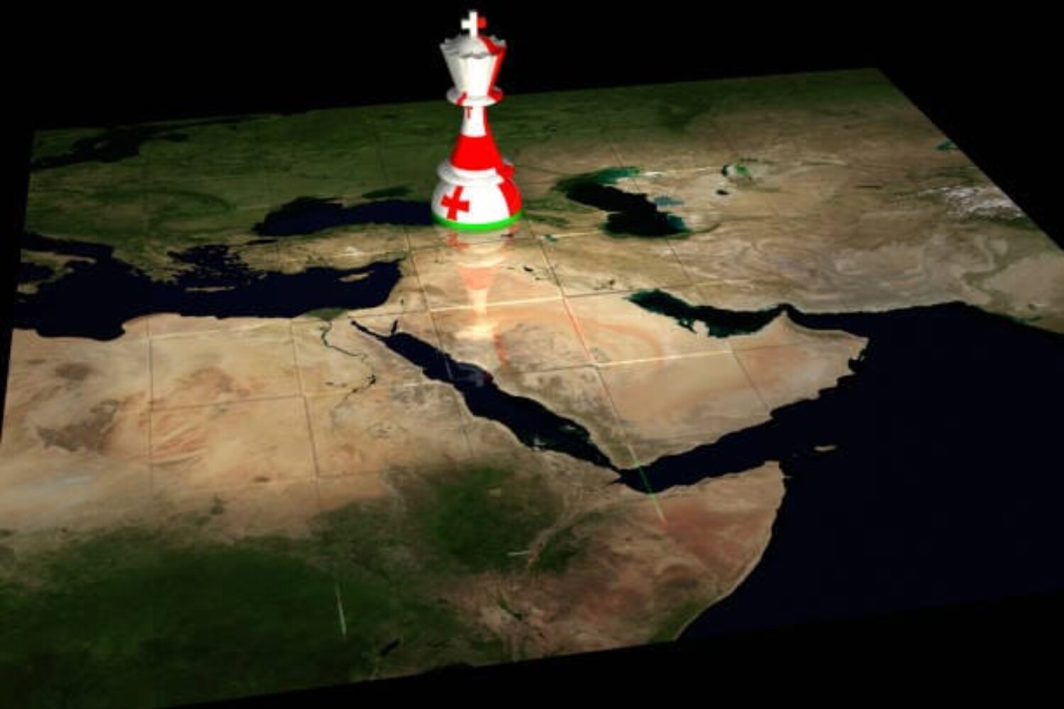 Render of a chessboard decorated a map of the Middle East and with a chess piece decorated with the flag of Georgia marking that country's location.The Earth map is a public domain image from NASA's Visible Earth project: https://visibleearth.nasa.gov/view.php?id=73884