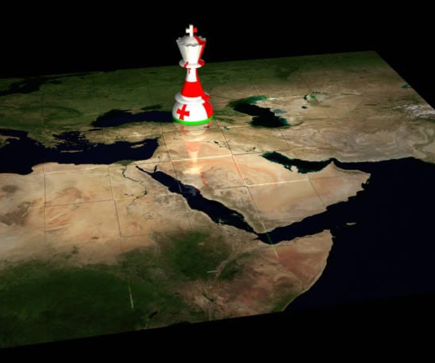 Render of a chessboard decorated a map of the Middle East and with a chess piece decorated with the flag of Georgia marking that country's location.The Earth map is a public domain image from NASA's Visible Earth project: https://visibleearth.nasa.gov/view.php?id=73884